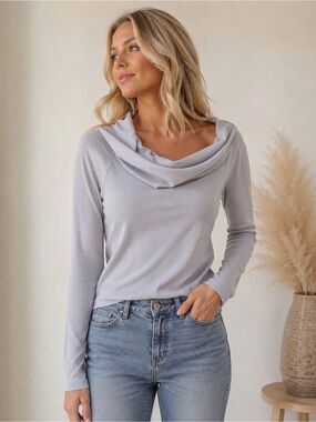 Anthropologie Listicle Light Gray/Purple Cowl Neck Ribbed Long-Sleeve Top